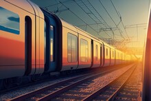 Modern German Train Traveling At Sunset. Generative AI