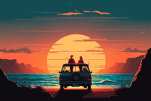 A Couple Taking A Break From Their Road Trip To Watch The Sunrise Over The Ocean From The Hood Of Their Car, Illustration - Generative AI
