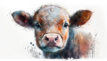 Cute Cow Look At Us. Watercolor Paint. Generative AI