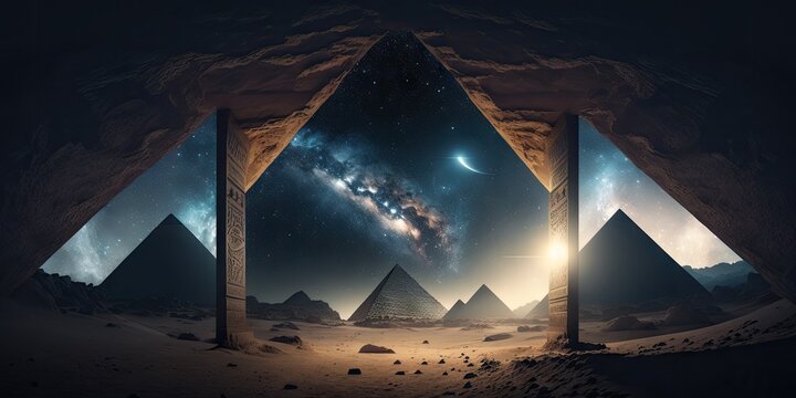 egyptian pyramids are present in this future desert environment at night. stars in the night sky, li