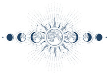 Lunar Phases, Mystical Phase Of The Moon, Astrology And Horoscope, Oneiromancy, Moon Eclipse, Vector