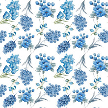 Dutch Watercolor Seamless Pattern. Delft Blue Motifs. Blue Seamless Pattern - Old Fashion Hand-drawn Rustic Floral Elements. Watercolor Blue Flowers. Holland Tulips.