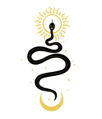 Vector art of mystical magic objects- snake, moon and sun, line art. Spiritual occultism objects.