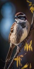 Sticker - Close up of a sparrow bird perched on a branch and a tree, the tree's slope. Photo of high grade. Generative AI