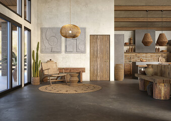 Wall Mural - Wabi sabi living room interior, 3d render	