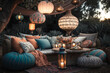 © Florian - A bohemian inspired outdoor lounge area with handcrafted textiles and lanterns - Generative AI