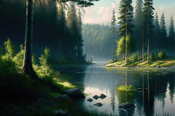 Aufkleber - River and a lake in the forest, an amazing landscape of spruce, pine and birch. wooded area by the river
