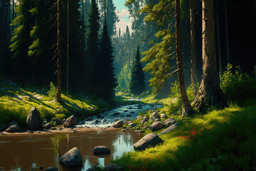 Fototapete - River and a lake in the forest, an amazing landscape of spruce, pine and birch. wooded area by the river
