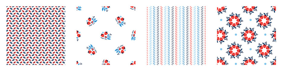 Red and blue folkart quilt vector pattern set. Collection of seamless scandi all over fabric for whimsical patchwork background. 