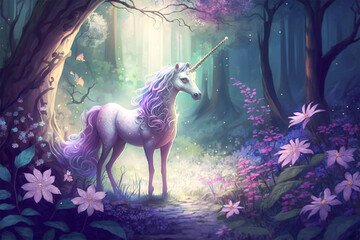 unicorn in the magic forest, magical beings, fairy tale, enchanted forest, generative ai