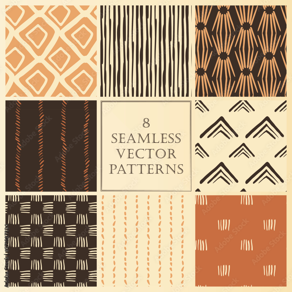 Set of seamless vector patterns with tribal theme and warm color ...