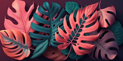 Sticker - Pink tropical leaves provide the background of this inventive brilliant color scheme. pastel neon colors laid out flat. Nature based idea. Simple summertime backdrop. Generative AI