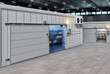 Manufactured products are stored in refrigerators. Freezer containers in hangar. Refrigerated containers with boxes on racks. Cooling technology. Refrigerated equipment for factory. 3d rendering.