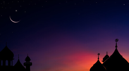 Sticker - Silhouette dome mosques and crescent moon on dusk sky, religion of Islamic and free space for calligraphy Ramadan Kareem, Eid Mubarak, Eid al Fitr, Eid Al Adha, Muharram 