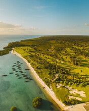 Aerial View Of A Golf Club With Boats Along The Coastline In Zanzibar Island, Tanzania, Africa.