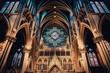 A historic and grand cathedral with stained glass windows, towering spires, and intricate carvings - Generative AI