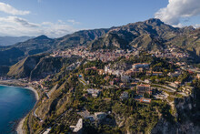Aerial View Of Taormina, A Touristic Town On Mountain Top Near Messina, Sicily, Italy.