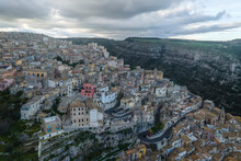 Aerial View Of Ragusa, A Medieval Town On The Hillside At Sunset In Sicily, Italy.
