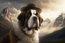 A Saint Bernard Dog Is A Gentle Giant In The Swiss Alps, With Hat And Collar Against A Majestic Mountain Background, Generative Ai