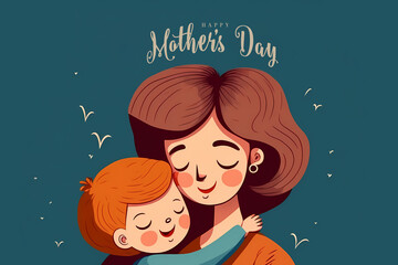 Illustration of mother with her little child, flower in the background. Concept of mothers day, mothers love, relationships between mother and child. Created with Generative AI technology.