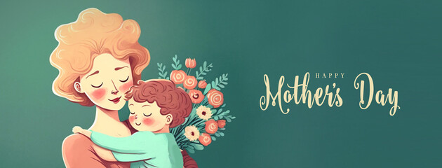 Wall Mural - Illustration of mother with her little child, flower in the background. Concept of mothers day, mothers love, relationships between mother and child. Created with Generative AI technology.