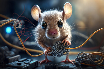 the mouse holds wires in its hands, the connection is broken, the Internet is turned off illustration Generative AI