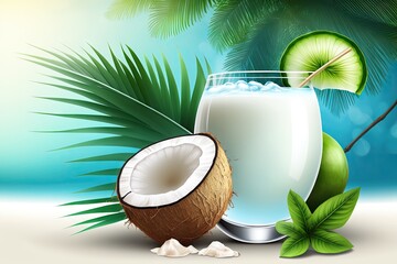 Sticker - A glass of coconut juice has a background of a fuzzy coconut tree. Generative AI