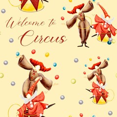 Background with clowns. Yellow background. Balls. Decorative vintage circus. Seamless watercolor pattern of clowns.