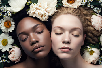 a white and dark-skinned girl in flowers with her eyes closed. The concept of natural cosmetics, good skin. Generative AI