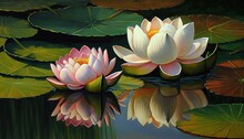  A Painting Of Two Water Lilies In A Pond With Lily Pads On The Water And A Reflection Of The Lily Pad On The Water.  Generative Ai