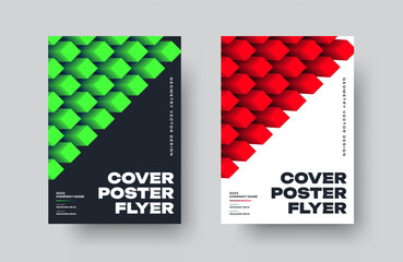 Poster - Vector cover with green, red 3d rhombuses, geometric illustration on a white, black background.  Set