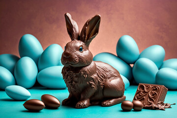 Wall Mural - Chocolate Easter bunny in a room. blue eggs and eaten candy on the ground grass. fantasy, fairytale, blue holiday card background wallpaper. banner with space for design.  Generative ai