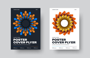 Poster - Vector cover with blue, orange square lines, 3d gradient frame, geometric illustration on white, black background.