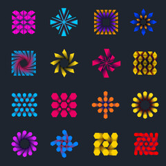 Poster - Vector geometric tag, bright frame with 3d hexagons, triangles, gradient lines, color elements on a dark background. Set