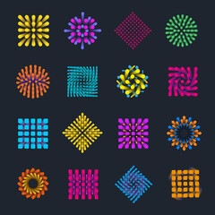 Poster - Vector geometric tag, bright frame with 3d grids, round, decorative lines, color signs on a dark background.