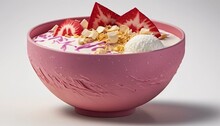  A Pink Bowl Filled With Fruit And Ice Cream On Top Of A White Tablecloth Covered Tablecloth With A Pink Bowl Holding A Strawberry And A Scoop Of Ice Cream On Top.  Generative Ai