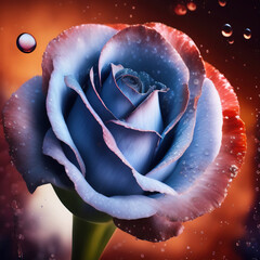 Wall Mural - Generative AI: blue rose with golden ornament and blue background