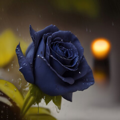Wall Mural - Generative AI: blue rose with golden ornament and blue background