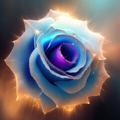 Wall Mural - Generative AI: blue rose with golden ornament and blue background
