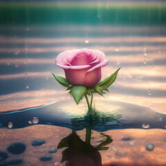 Wall Mural - Generative AI: pink rose with golden ornament and blue background