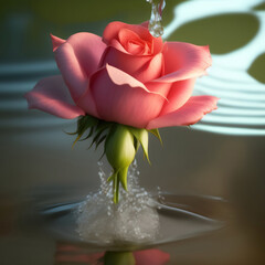 Wall Mural - Generative AI: pink rose with golden ornament and blue background
