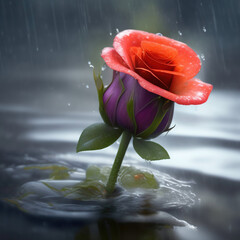 Wall Mural - Generative AI: pink rose with golden ornament and blue background