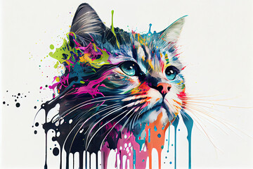 colorful cat,white background,dripping art