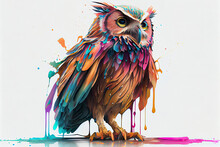 Full Body Of A Colorful Owl,white Background,dripping Art