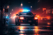 Police Lights And Police Car In New York. Police Car With Red And Blue Emergency. Emergency Vehicle Lighting. LED Blinker Flasher Police Car. Road Traffic Jam Accident. Crime In City. Ai Generative..