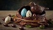 Festive Display of Colorful Chocolate Eggs in nest, a chocolate bird, and Candies on a Wooden Table