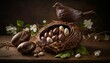 Festive Display of Colorful Chocolate Eggs in nest, a chocolate bird, and Candies on a Wooden Table - AI Generative