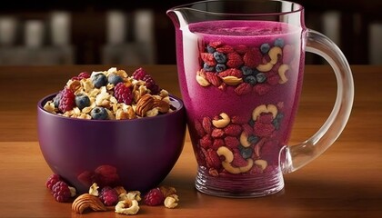 Poster -  a bowl of cereal next to a glass of milk and a bowl of cereal with nuts and berries in it on a wooden table top.  generative ai