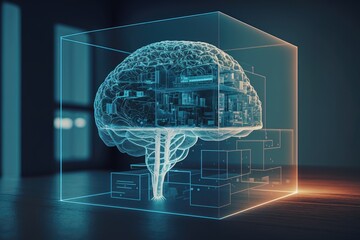 Creative human brain microcircuit hologram in double exposure against a contemporary, equipped office background. Concept of future technology and AI. Generative AI