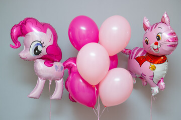 Wall Mural - pink balloons in the room on the floor, foil balloon cat and pony, pink foil number 3